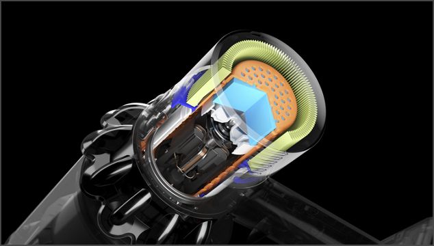 Dyson V11 Total Clean cutaway illustration demonstrating acoustic dampening of machine noise.