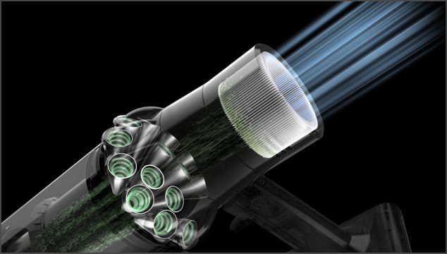 Dyson V11 Total Clean cutaway illustration of filtering air.