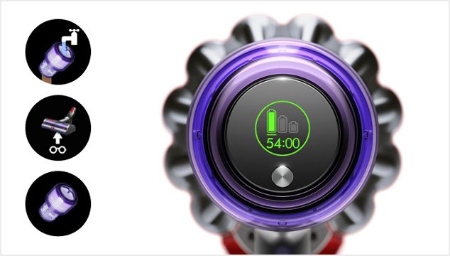 Dyson V11 Total Clean LCD screen displaying readout of dirt levels vacuumed up.